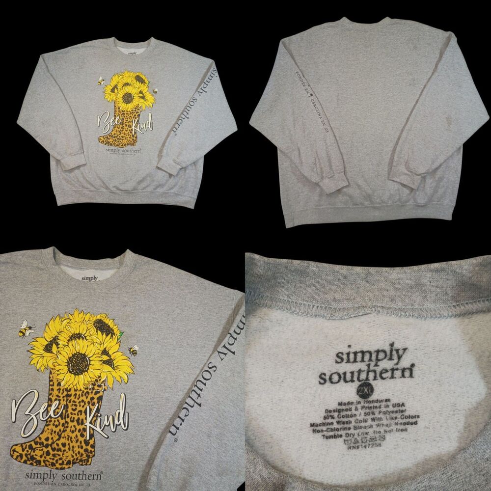 Simply Southern Sweatshirt Womens 2XL XXL Gray Sunflowers Bee Kind Animal Print